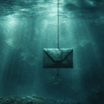 a digital envelope representing an email is underwater near the bottom of the ocean and is caught by a fishing hook going through the envelope