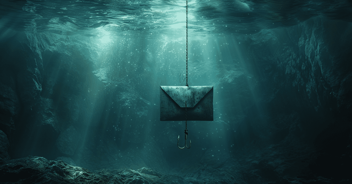 a digital envelope representing an email is underwater near the bottom of the ocean and is caught by a fishing hook going through the envelope