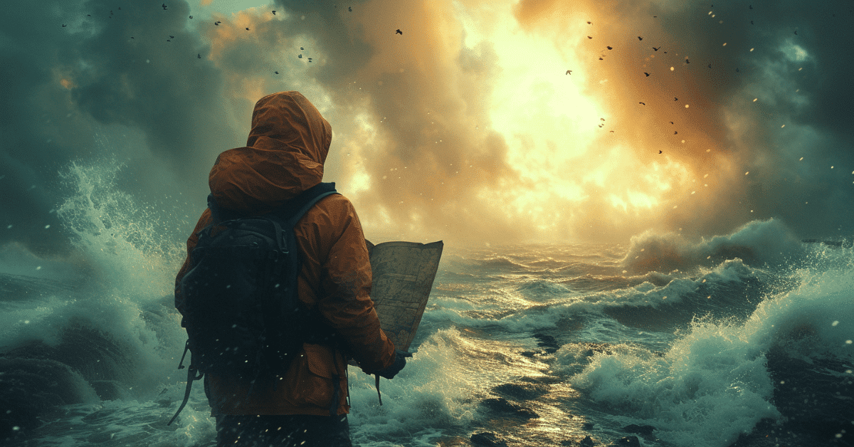 a man standing in a sea with waves crashing around him holding a map in his hand